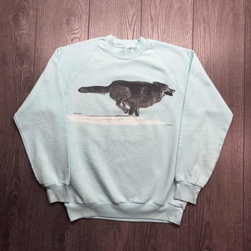 Vintage 1988 Harlequin Wolf Nature Sweatshirt Medium Houck Blue Raglan Outdoors